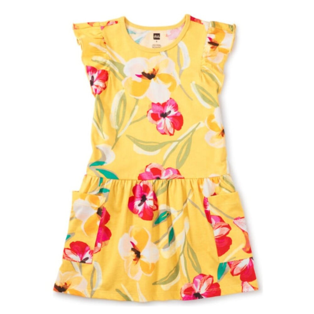 Tea Collection Girls Flutter Sleeve Pocket Dress - Painterly Hibiscus - Like New